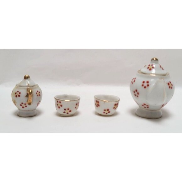 Vintage 8 Piece Miniature Maruyama Hand Painted Porcelain Tea Set Red Flowers - Picture 5 of 9